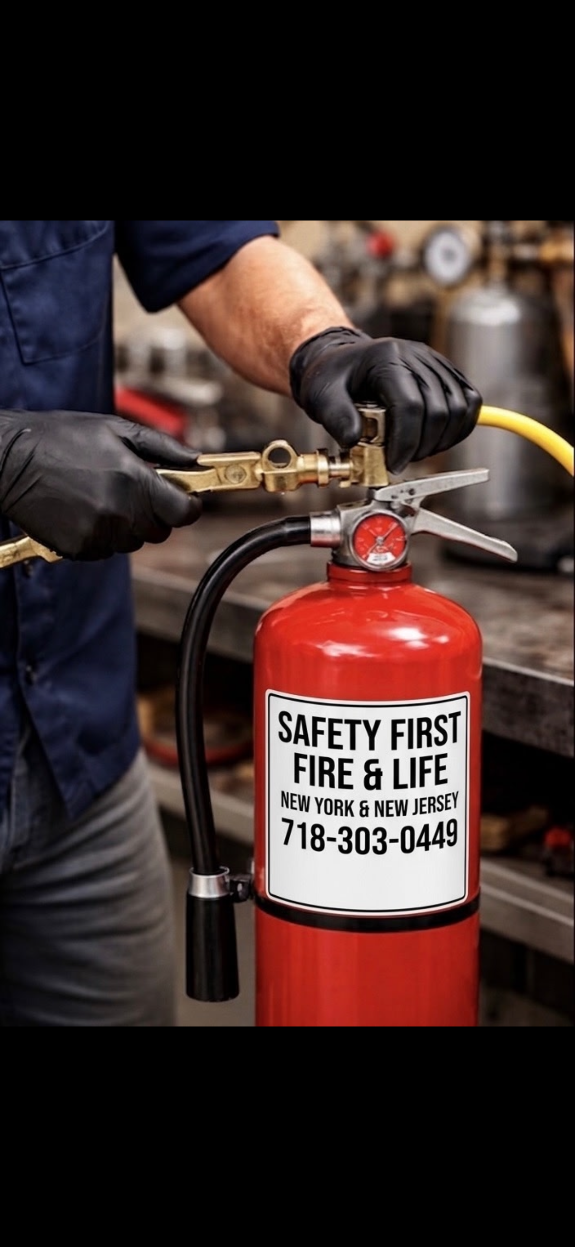 Safety First technician servicing a fire extinguisher in NYC